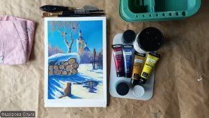 Гуашь. Солнечная зима и котики