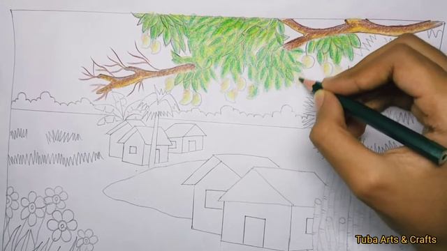 How to draw village scenery | Village side scene drawing easily step by step смотреть онлайн