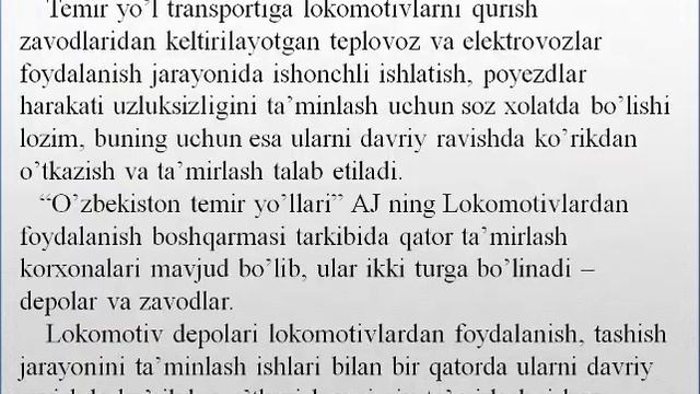 Узбекистан Темир йулларида локомотив хужалигини бошкариш хусусиятлари мавзуида маъруза