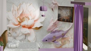 Визуализация дизайн интерьера с фреской Рыбки