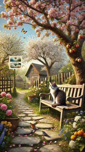 Весенний цветущий сад в деревне с кошкой. Фоновая музыка. Аура Звука #Shorts