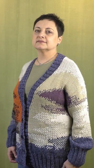 Кардиган из хлопка. Интарсия. Японское плечо