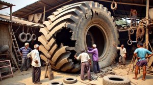 Трудолюбивый Мастер Ремонтирует большую Шину Погрузчика Caterpillar | Удивительный процесс