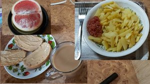 Мой пост, день 12~й. Банановый смузи. Спасаю батон.))) Картошка с аджикой.