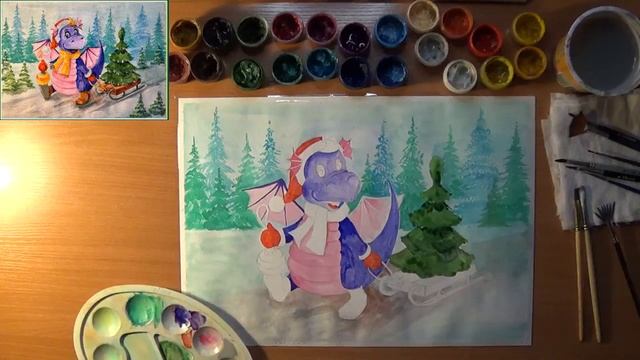 Как нарисовать дракончика. Рисуем символ года- Дракона. Рисуем дракона с санками. Гуашь смотреть онлайн