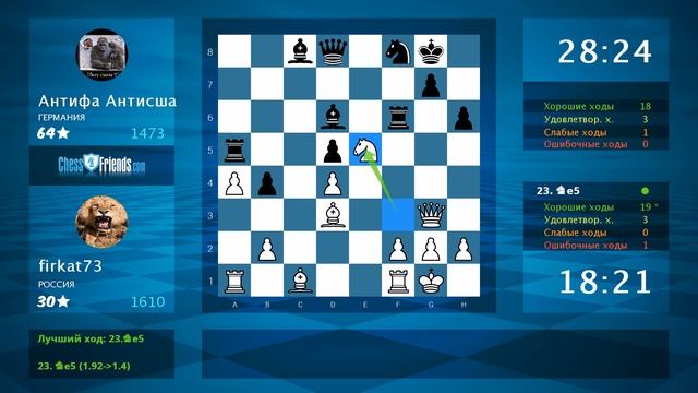 Chess Game Analysis: firkat73 - Антифа Антисша : 1-0 (By ChessFriends.com) смотреть онлайн