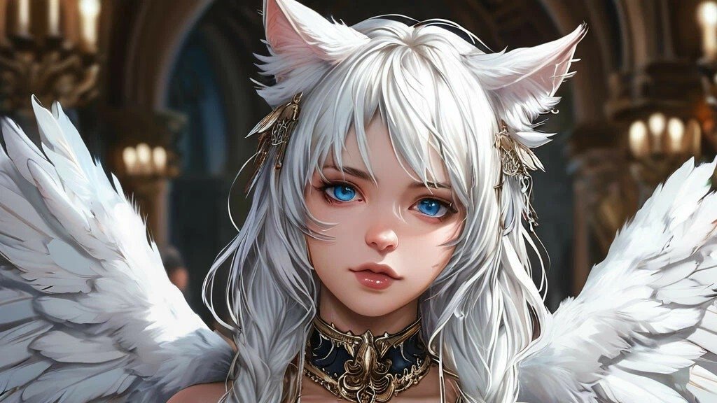 Юлиана русская пошлая пышногрудая девушка с кошачьими ушками, белыми волосами и голубыми глазами.