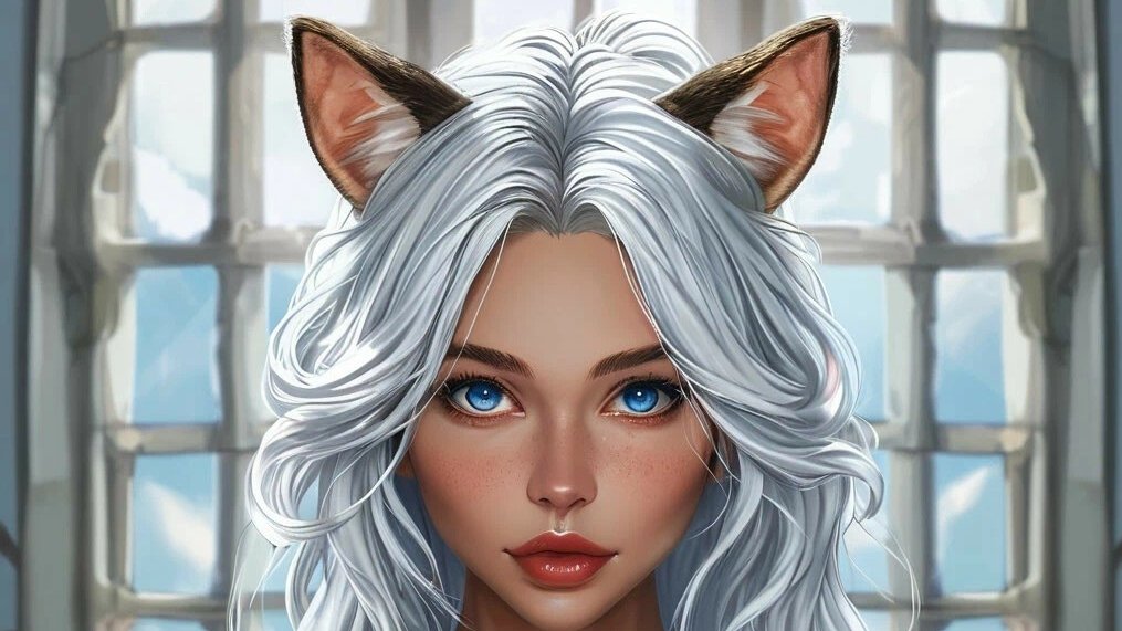 Юлиана русская пошлая пышногрудая девушка с кошачьими ушками, белыми волосами и голубыми глазами.