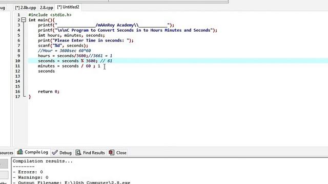 2.8 computer C program that takes seconds as input and calculates equivalent number of hours