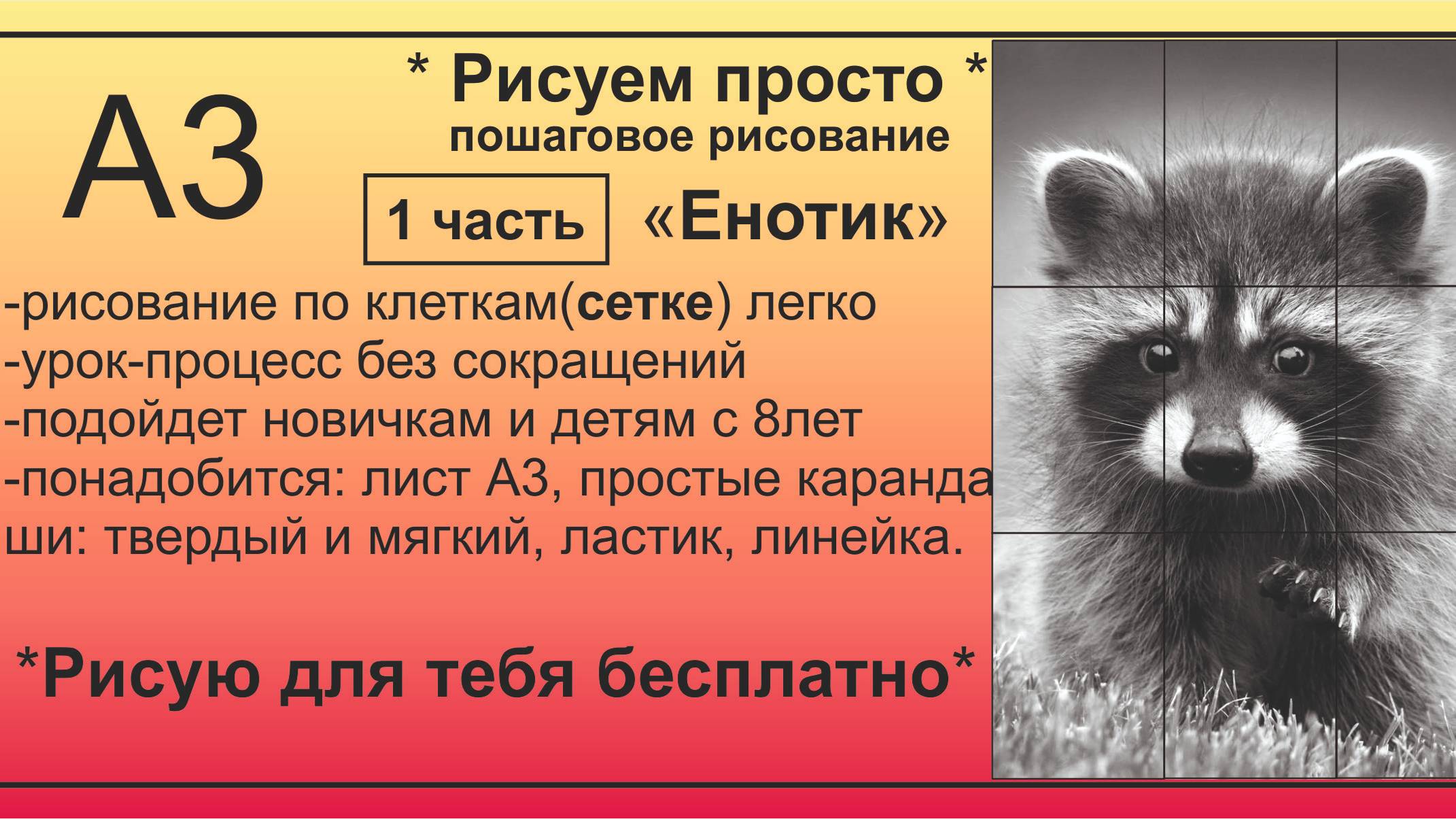 Енот часть 1 Рисунок карандашом БЕСПЛАТНО процесс БЕЗ СОКРАЩЕНИЙ с помощью сетки ПОШАГОВО