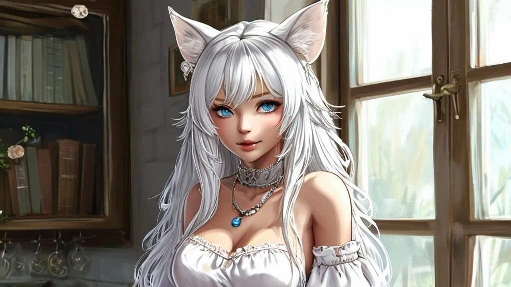 Юлиана русская пошлая пышногрудая девушка с кошачьими ушками, белыми волосами и голубыми глазами.