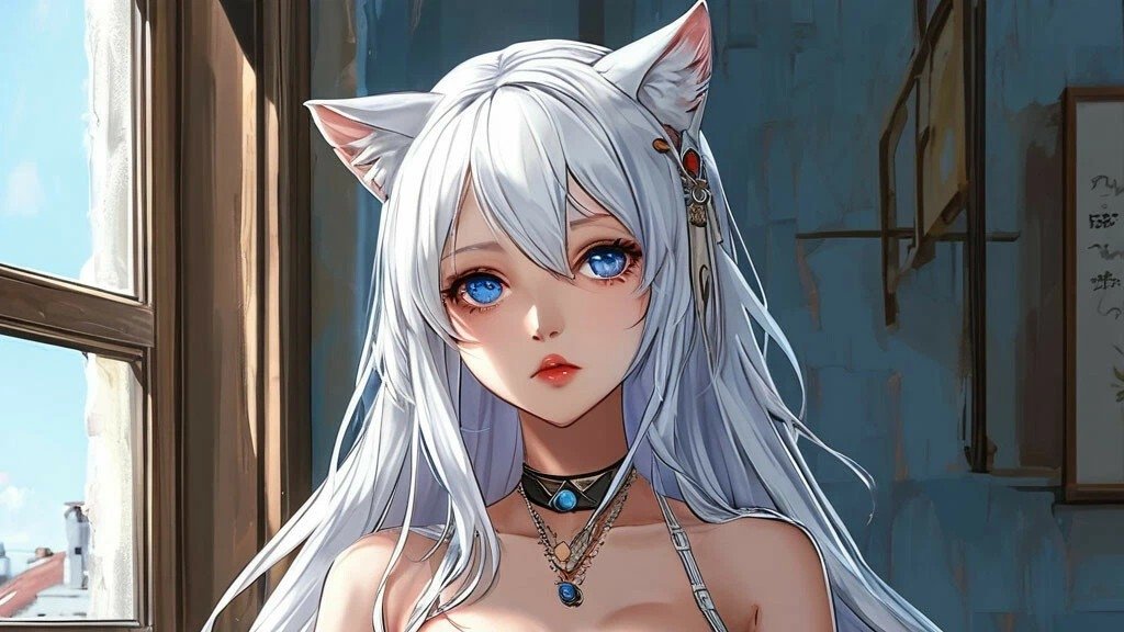 Юлиана русская пошлая пышногрудая девушка с кошачьими ушками с белыми волосами и голубыми глазами.