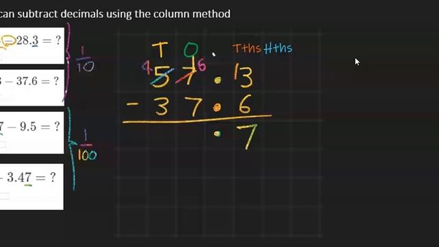 Subtracting decimals using column addition смотреть онлайн