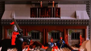 Битва рыцарей на улице горящего средневекогого города. Рыцари.