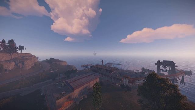 Приключения в Rust, новый порт, терминал, нефтяная вышка на рассвете, живые обои, графика Rust