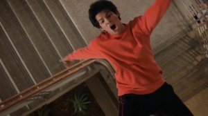 Miguel falls off the stairs, with different music (Cobra Kai)