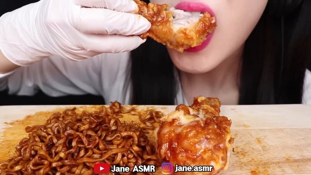 ASMR BLACK BEAN FIRE NOODLES, FRIED CHICKEN 처갓집 슈프림 골드 양념 치킨, 짜장 불닭볶음면 먹방 EATING SOUNDS