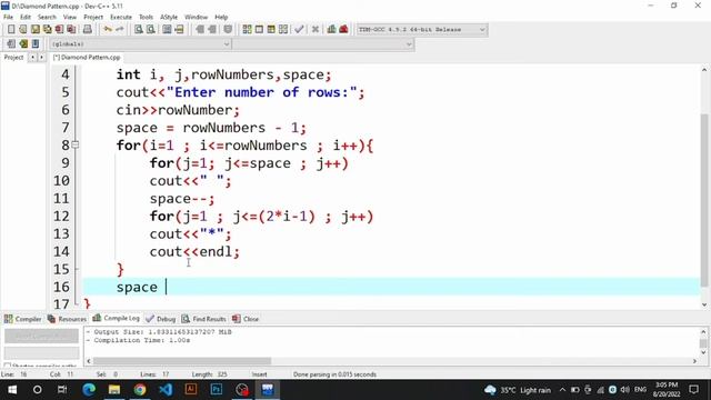 Print Diamond shape Pattern In C++ | devc++ | Diamond Star pattern in C++ | print diamond in c