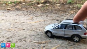 BMW Toy Car Driving on the Wood in the Forest.Toy Cars Outdoor