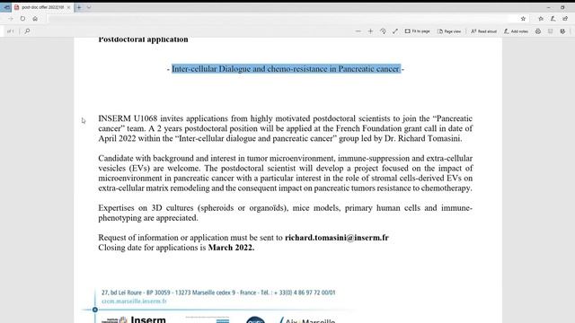 Post-doc position in Marseille, France | CRCM | INSERM | Chemo resistance in Pancreatic Cancer