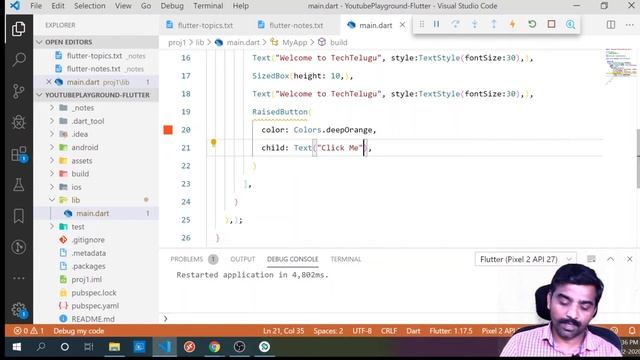FLUTTER ANDROID APPS TUTORIALS IN TELUGU - COLUMN AND BUTTON