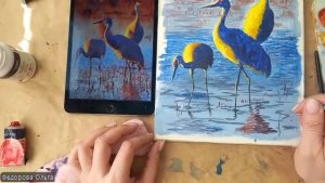 Акрил. Журавли прилетели