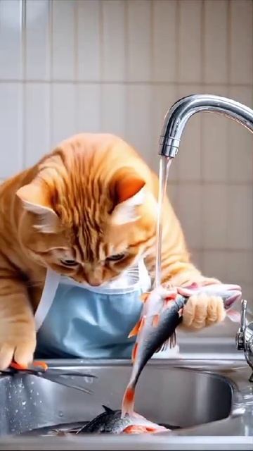 котик от нейросетей браконьерствует - незаконным способом ловит рыбу и угощает прелестную кошечк.mp4