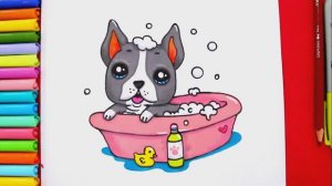 Как нарисовать кавайного щенка питбуля, купающегося в ванне