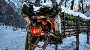Построил зимнее убежище на дереве | Оставайтесь в тепле в заснеженном лесу