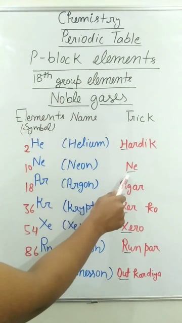 How to learn periodic table? trick to learn p- block elements (18th group/noble gases)