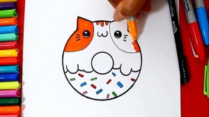 Как нарисовать пончик  донат в виде милого котенка