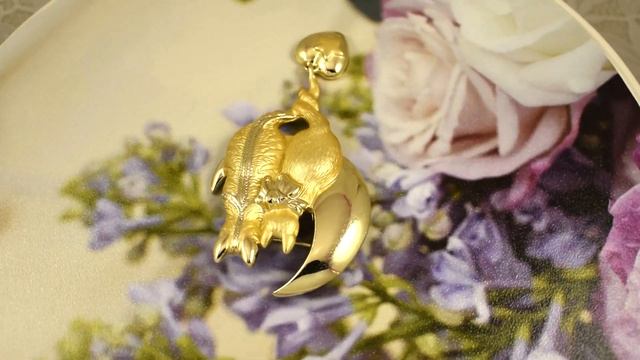 Винтажная брошь Кот кошечка и полумесяц AJC США