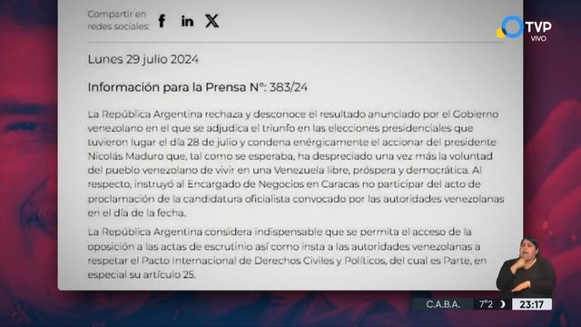 Argentina desconoce los resultados anunciados por el CNE de Venezuela смотреть онлайн