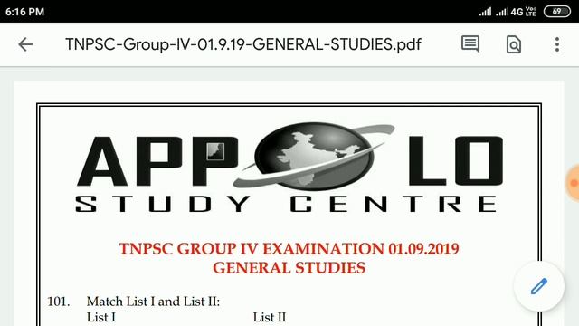 TNPSC CCSE GROUP IV (01-09-19)General Studies Appolo Answer Key in pdf