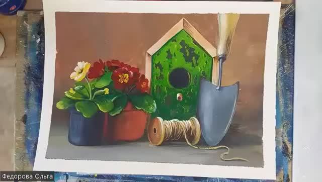 Акрил. Скворечник и примулы