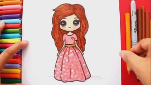 Как нарисовать кавайную девочку Куклу в блестящем цветочном платье