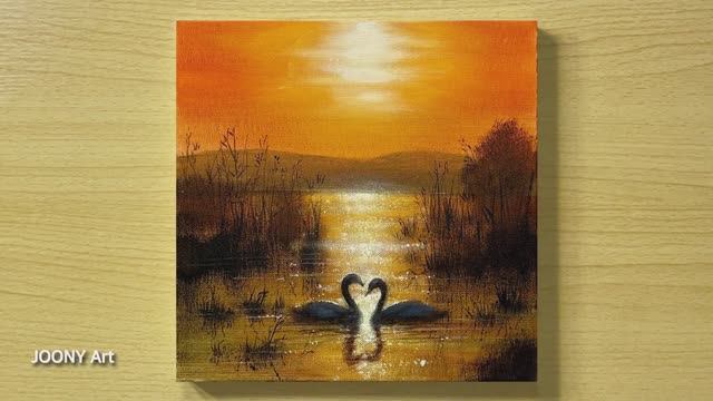 Красивый пейзаж с парой лебедей в лучах заката / Акриловая живопись для начинающих смотреть онлайн