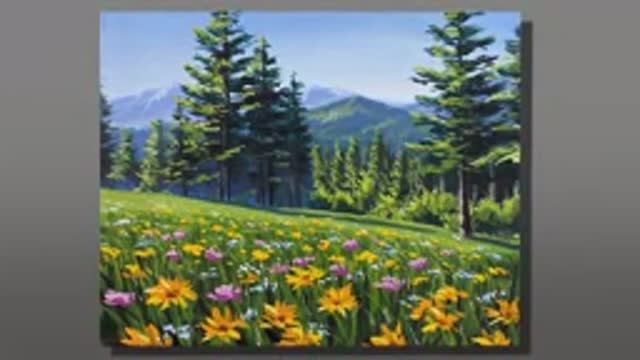 Горный пейзаж с цветочной поляной / Акриловая живопись смотреть онлайн