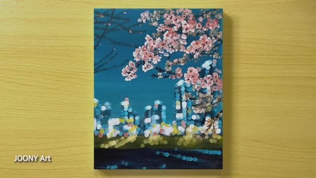 Вечерний мегаполис с веткой сакуры / Акриловая живопись для начинающих смотреть онлайн