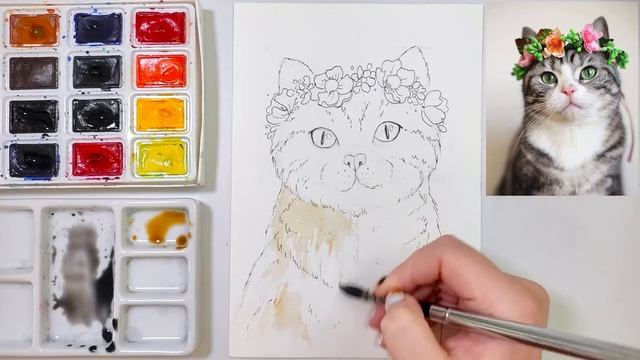 Как нарисовать красивую кошечку Пошаговые уроки рисования акварельными красками от Всем Арт.