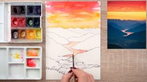 Уроки рисования акварельными красками. Как нарисовать красивый горный пейзаж на закате.