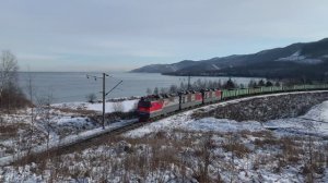 Грузовые поезда России зимой на озере Байкал | Железная дорога в Сибири | Транссиб