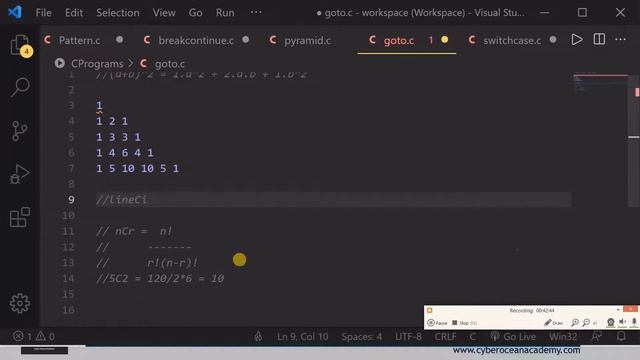 C programming: goto statement, Pascal's triangle & Floyd's triangle | Cyber Ocean Academy!