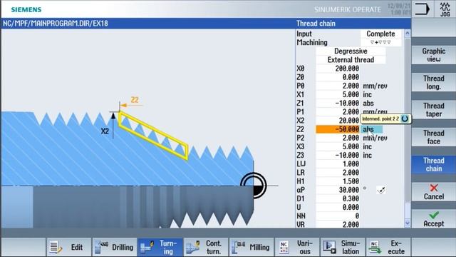 SIEMENS- SINUMERIK- SINUTRAIN Fundamentals of Thread chain-Cycle 98-Tapered Thread-Parameters