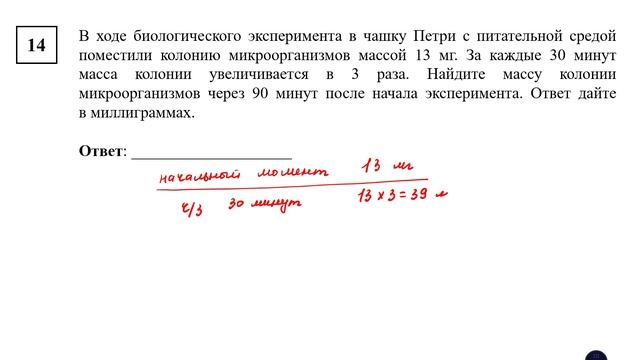 ОГЭ. Математика. Задание 14. В ходе биологического эксперимента в чашку Петри с питательной средой