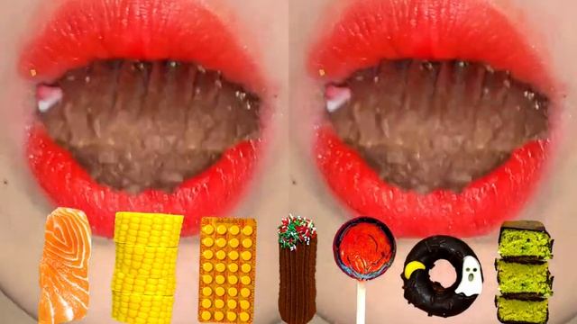 ASMR EMOJI ЗВУК ПОЕДАНИЯ ЕДЫ MUKBANG Дубай шоколад🍫 кукуруза🌽 лосось🍣 конфеты🍭 пончик🍩 витамины