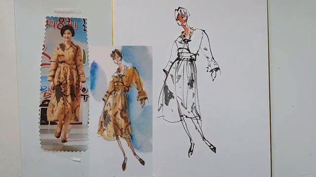 Traditional Korean painting style, Hanbok fashion sketch....전통 한국화 풍,한복패션스케치