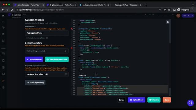FlutterFlow - package info plus widget