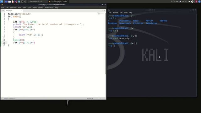 Using C programming to find the biggest on N numbers in Kali Linux for Beginners