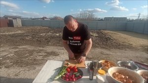 Шашлыки из печени, сердечек, курицы и шампиньонов.